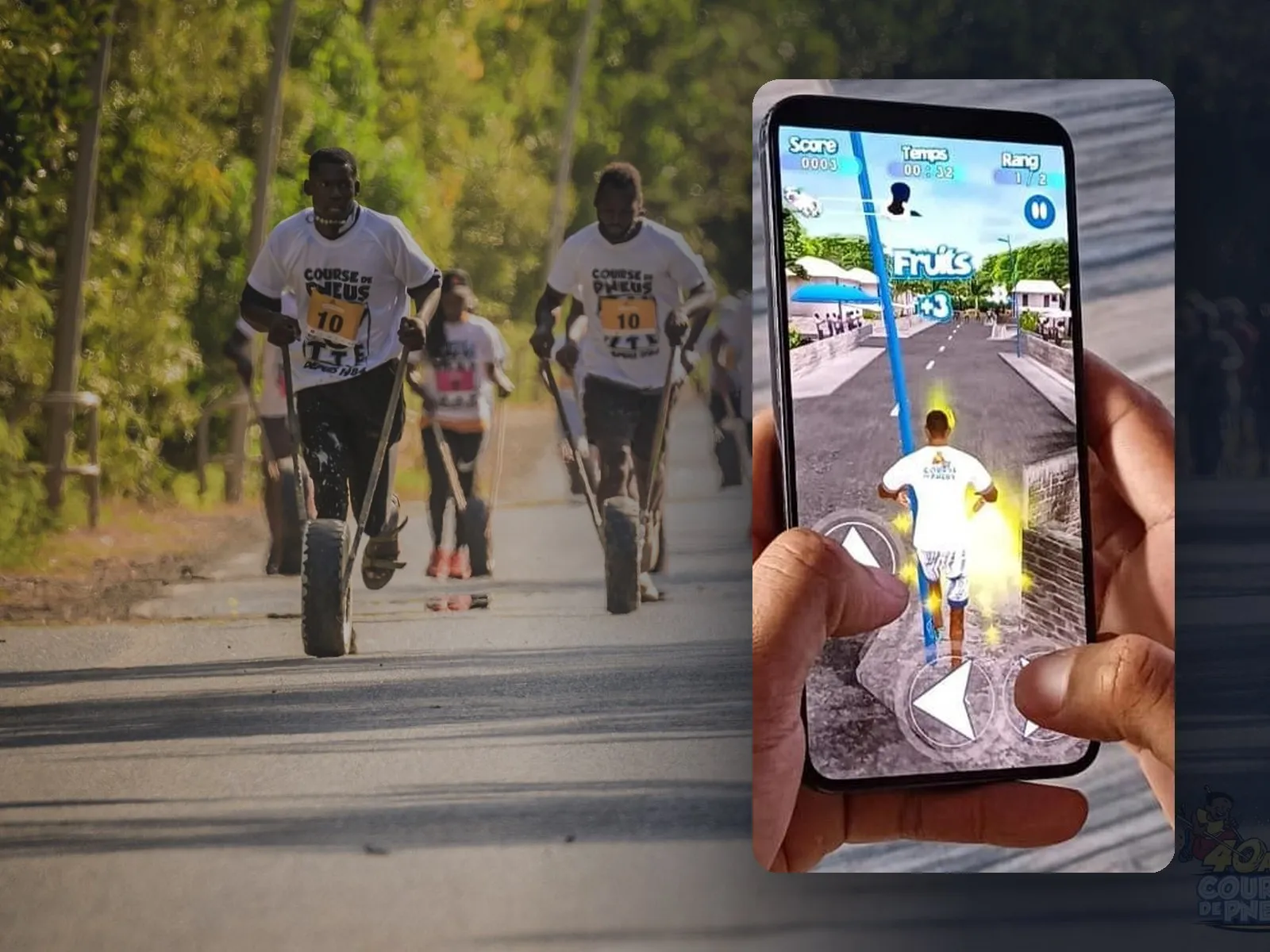 Des coureurs poussent leur pneu sur la route, à côté du jeu de la Course de Pneus sur téléphone