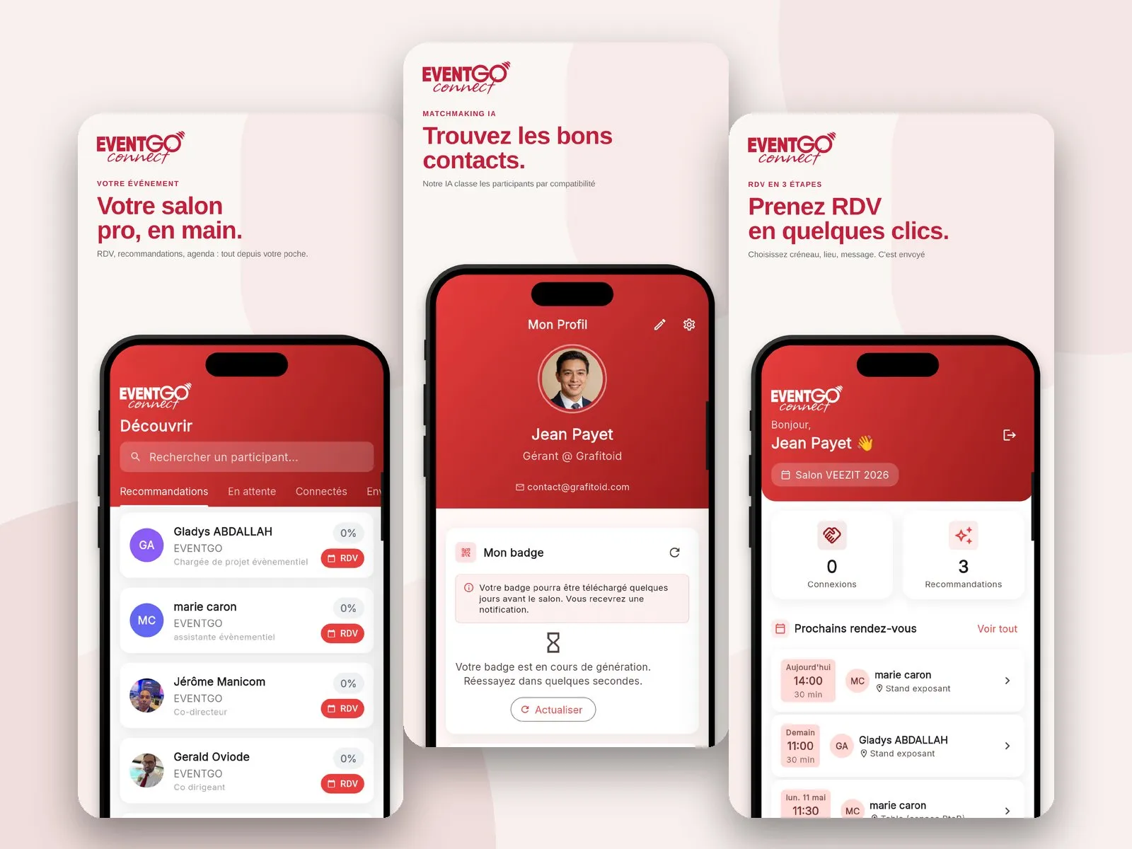 Trois écrans de l'application EventGo Connect : découvrir, trouver les bons contacts, prendre rendez-vous
