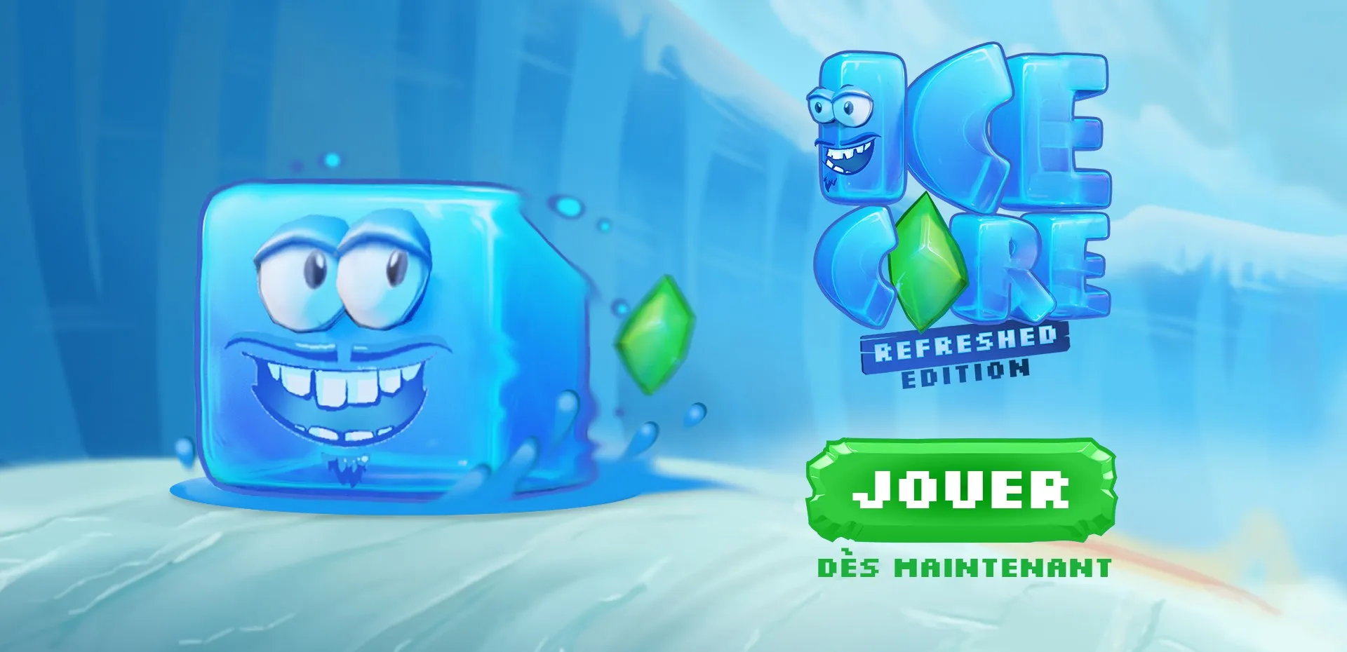 Le glaçon d'Ice Core sourit sur la neige, à côté du logo Refreshed Edition