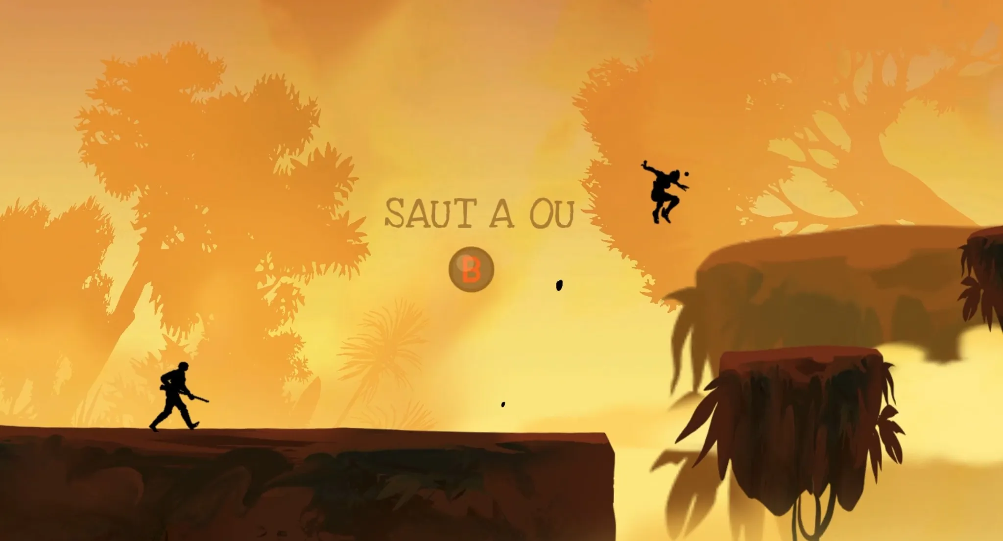 Un saut entre deux plateformes rocheuses, sous un ciel orangé.