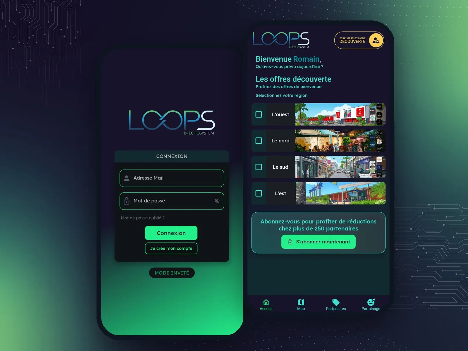 Deux écrans de l'application Loops : la connexion et les offres découverte